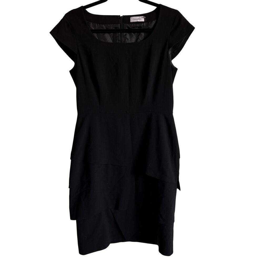 Calvin Klein Black Cap Sleeve Tiered Sheath Dress Size 10 Career Office LBD